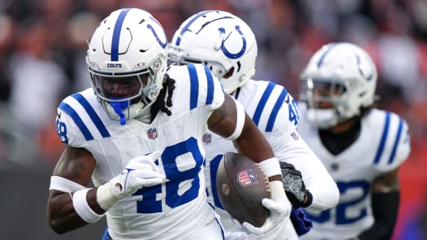 Indianapolis Colts safety Ronnie Harrison Jr. (48) returns an interception for a touchdown in the second quarter during a Week 14 NFL game between the Indianapolis Colts and the Cincinnati Bengals, Sunday, Dec. 10, 2023, at Paycor Stadium in Cincinnati.  